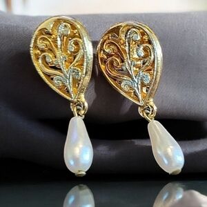 Vintage Val D'Or Goldtone Filigree Faux Pearl  Drop Post  Pierced Earrings 1980s